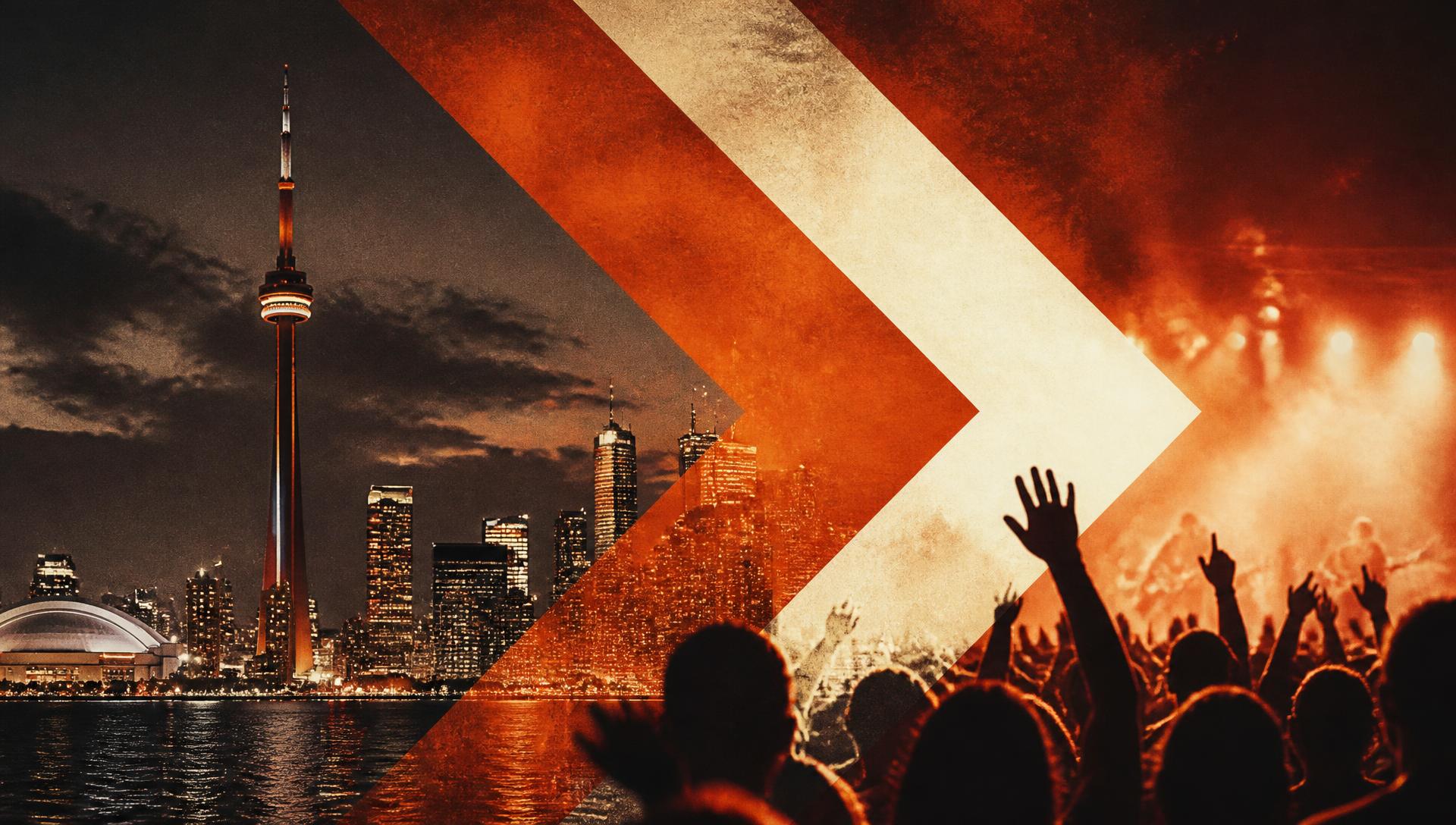 Toronto skyline at night blended with a live music crowd